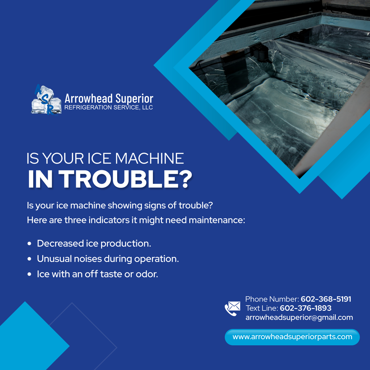 Pay attention to the signs! Timely maintenance keeps your ice flowing smoothly. Contact us today for expert service. 

#PeoriaAZ #CommercialRefrigerationServices #IceMachine #MaintenanceNeeded #KeepItCool #IceMachineRepair #IceMachineMaintenance #RefrigerationSolutions