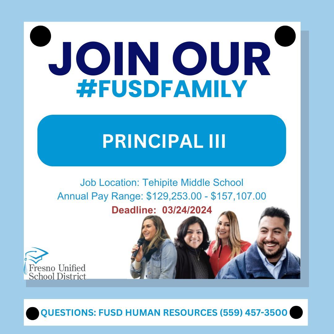 Join our #FUSDFamily! We're seeking a dedicated Principal III to lead and inspire at Tehipite Middle School. If you're passionate about providing high-quality education and ensuring student success, this could be the perfect opportunity for you! buff.ly/3HvAE6U