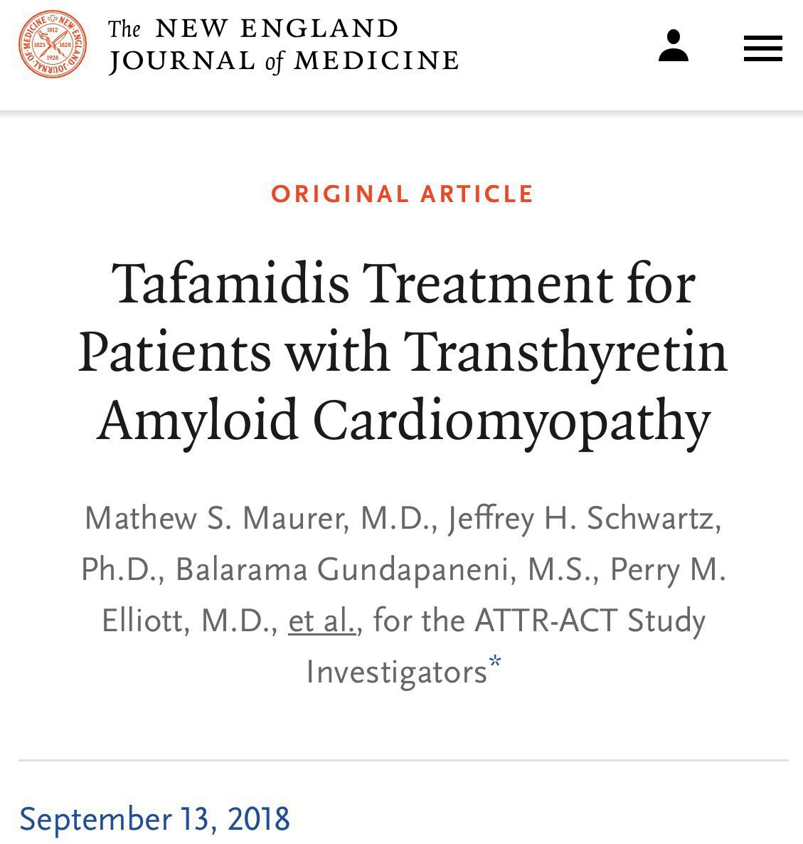 A targeted therapy towards cardiac amyloidosis? This landmark trial showed tafamidis (a transthyretin binder) to reduce mortality and hospitalization in transthyretin cardiac amyloidosis, prompting earlier screening for this life-threatening disorder. ATTR-ACT Trial, NEJM 2018 ♥️