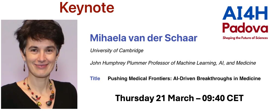 Excited to deliver my keynote about 'Pushing Medical Frontiers: AI-Driven Breakthroughs in Medicine' at #AI4H & @UniPadova today! A very fitting topic for a conference aimed at revolutionising the present and future of healthcare! More info: ai4h.unipd.it