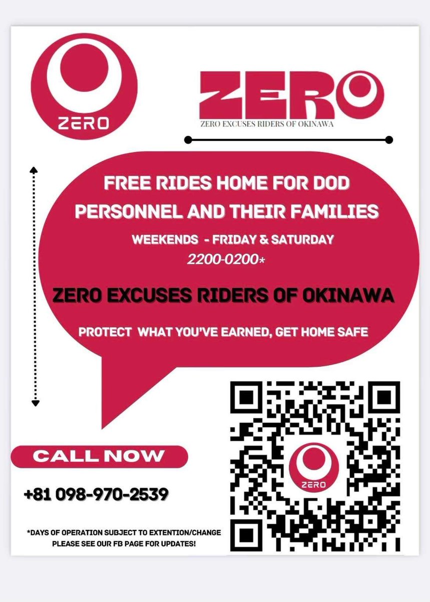 Let's be #DrivenByHonor!

Zero Excuses Riders of Okinawa, offer free rides to DoD personnel and their families on weekends and holidays. Rides are available Friday and Saturday from 2200-0200, if you or someone you know is in need of a ride contact +81-098-970-2539.

 #NotOneDrop