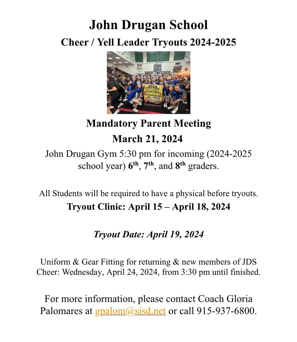 CheerDrugan's tweet photo. JDS CHEER 2024-2025 Parent Meeting @JDrugan_K8 @Athletics_JDS @vesparza_JDS https://t.co/AN7zsZHjdp