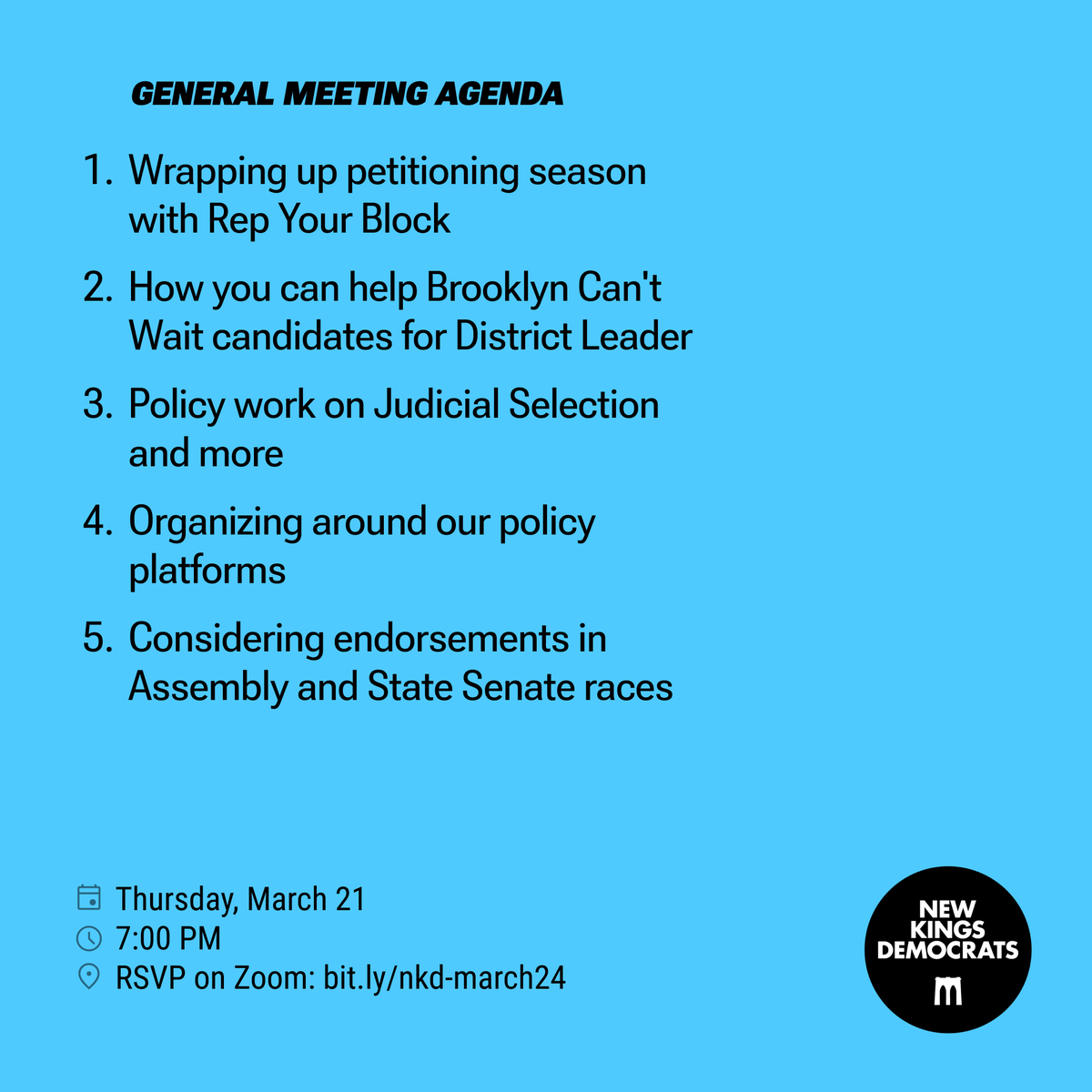 It's petition season! At this month's virtual General Meeting, we're keeping the momentum rolling. We're talking strategies to bolster support for endorsed candidates and get organized around crucial policy initiatives. Tune in: bit.ly/nkd-march24