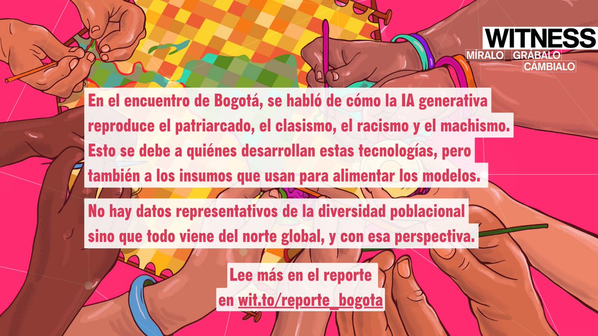 En 2023 nos encontramos en #Bogotá +25 periodistas, verificadorxs, tecnólogxs y activistas para hablar sobre oportunidades y amenazas que hemos observado en la región frente a la #IAgenerativa, la #ViolenciaDeGénero fue uno de los temas que discutimos wit.to/reporte_bogota…