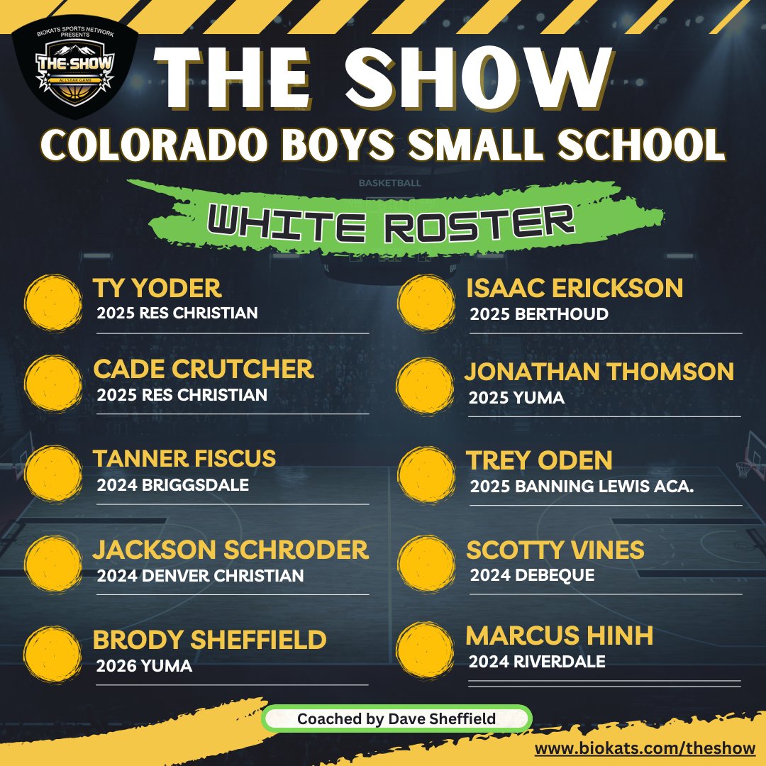 It's <a href="/TheShowColorado/">The Show: Colorado</a> - Top 1A-4A Boys White  team. 
Game is March 23rd at 1:15pm at Metro State University
<a href="/Athletics_RCHS/">RCHS Athletics</a> <a href="/TannerFiscus31/">Tanner Fiscus</a> <a href="/YumaAthletics/">Yuma Indians</a> <a href="/b_spartansbball/">Berthoud Boys Basketball</a> <a href="/Ty_Yoder1/">Ty Yoder</a>
