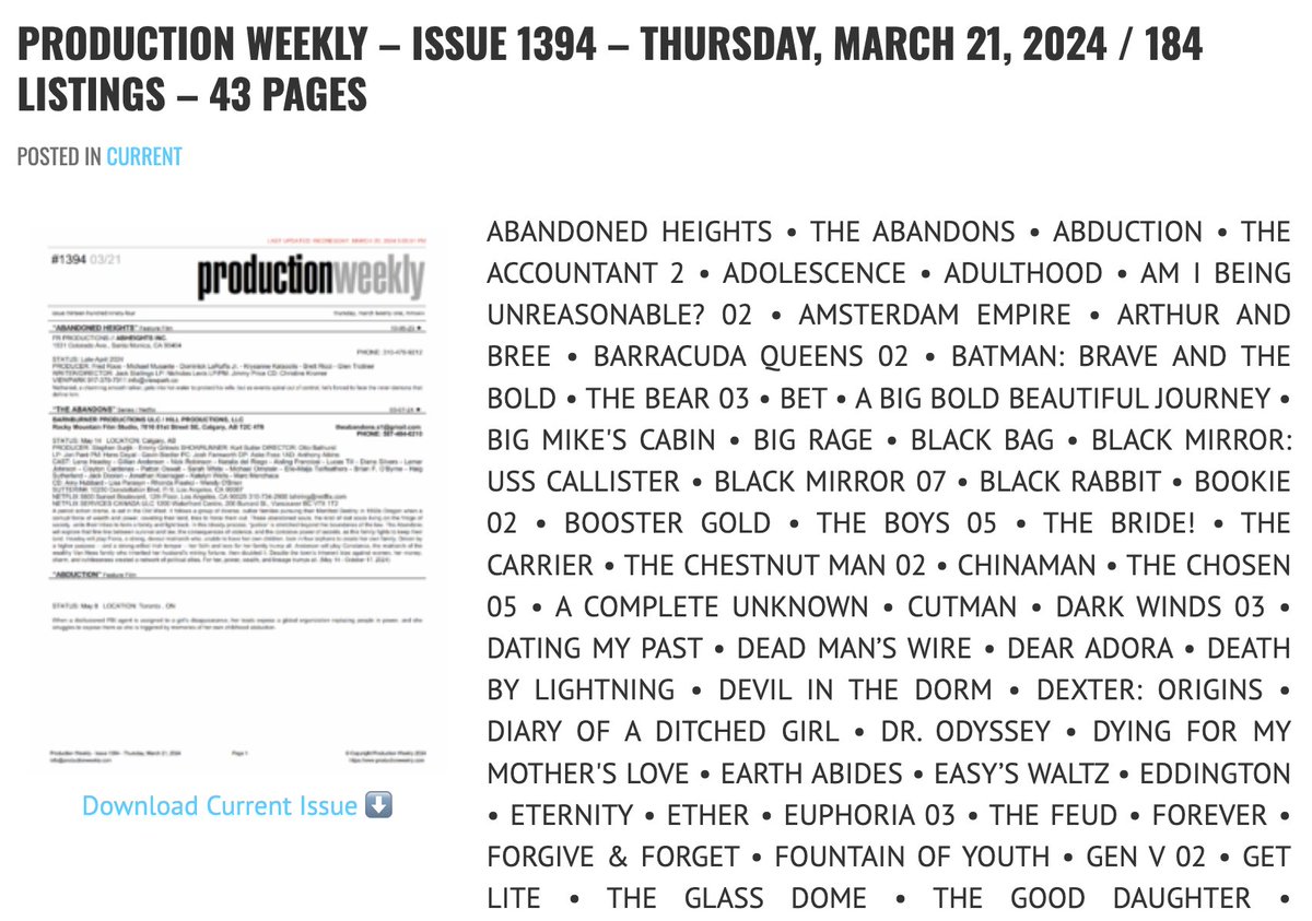 Production Weekly - Issue 1394 - Thursday, March 21, 2024 / 184 Listings - 43 Pages Download Current Issue ⬇️ productionweekly.com/production-wee…