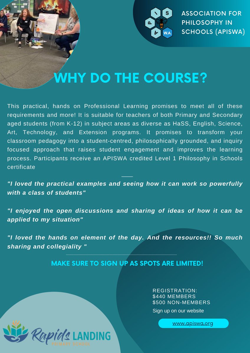 APIS - Association for Philosophy in Schools inc. (@apisinc) on Twitter photo We are delighted to offer our Level 1 Philosophy in Schools training on May 3rd + 4th 2024 at Rapids Landing PS. Come and learn how to develop Philosophical Inquiry & thinking skills. Limited spaces are available so book quickly! apiswa.org.au/workshops #p4c We are delighted to offer our Level 1 Philosophy in Schools training on May 3rd + 4th 2024 at Rapids Landing PS. Come and learn how to develop Philosophical Inquiry & thinking skills. Limited spaces are available so book quickly! apiswa.org.au/workshops #p4c
