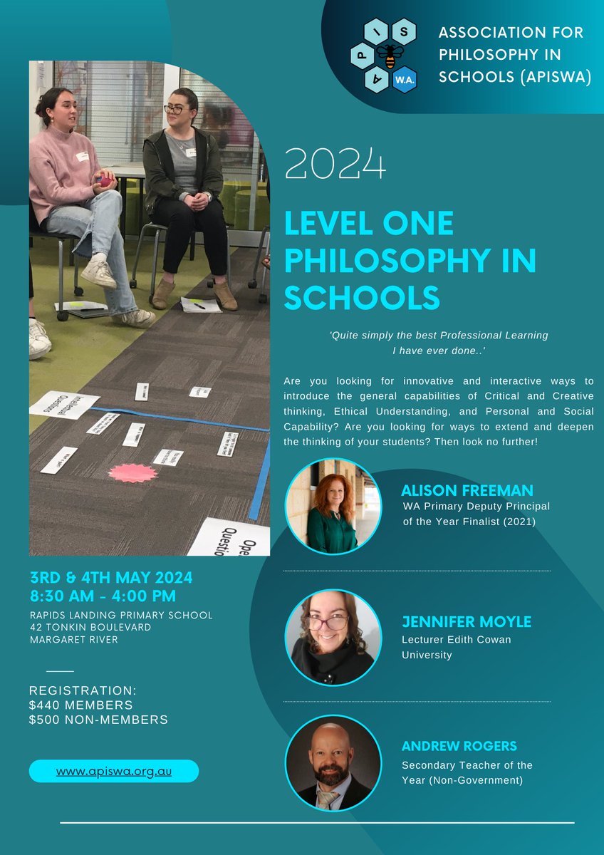 APISinc's tweet image. We are delighted to offer our Level 1 Philosophy in Schools training on May 3rd + 4th 2024 at Rapids Landing PS. Come and learn how to develop Philosophical Inquiry &amp;amp; thinking skills. Limited spaces are available so book quickly! apiswa.org.au/workshops #p4c