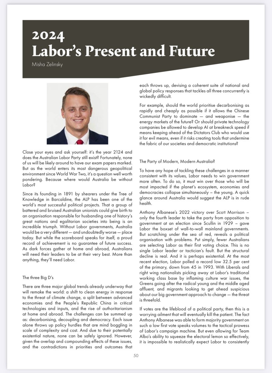 In the final essay from #Tocsin magazine edition 20 <a href="/mishazelinsky/">misha</a> has penned a masterful piece which deserves to be read by every serious ALP leader and activist. 'Labor's Present and Future' looks at the three big Ds confronting Labor and Australia in 2024: decarbonisation,