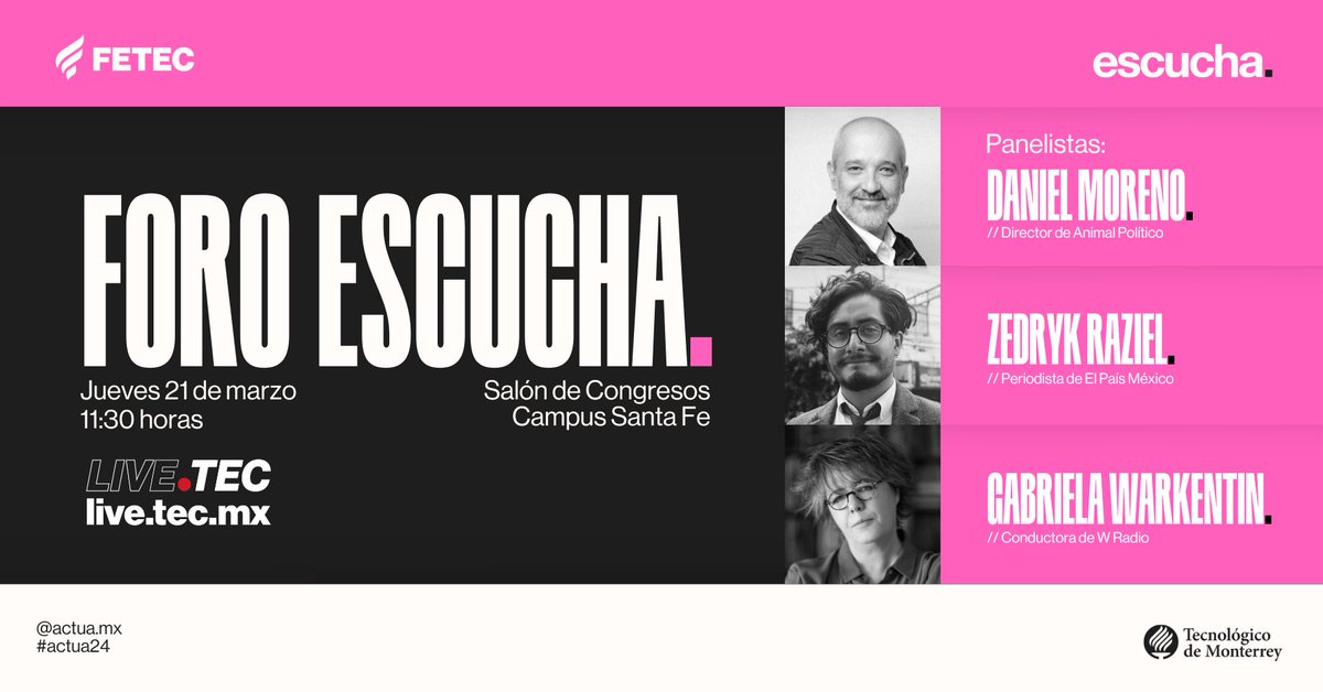 La Federación de Estudiantes del Tecnológico de Monterrey (FETEC) te invitan al Foro Nacional Escucha donde se analizarán las 3 candidaturas presidenciales; compartiendo perspectivas y promoviendo la votación informada. ¡Sigue la transmisión por live.tec.mx! #ActúaMX