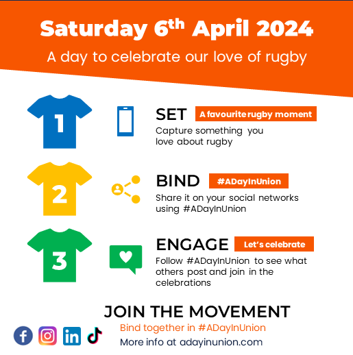 Anyone, anywhere can join in the celebrations of #ADayInUnion on Saturday 6 April 2024. Just share something you love about rugby - on or off the field - on your social media channels with the hashtag #ADayInUnion then follow #ADayInUnion to join in the celebrations. #Rugby