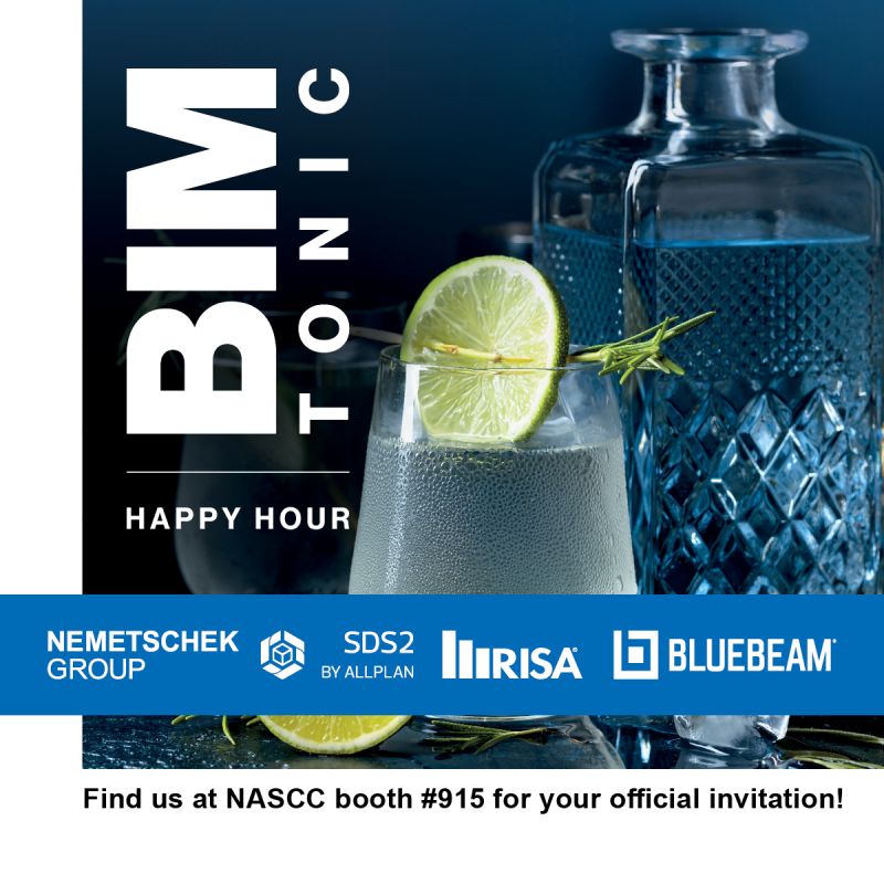 We hope to see you at #NASCC this week? Together with our sister brands @Allplan @SDS2, @Bluebeam, Inc. and @RISA Tech, Inc we will be hosting a 'BIM & Tonic' Happy Hour! As space is limited, make sure to secure your seat: More | bit.ly/3TyObTD Visit us at booth 915!
