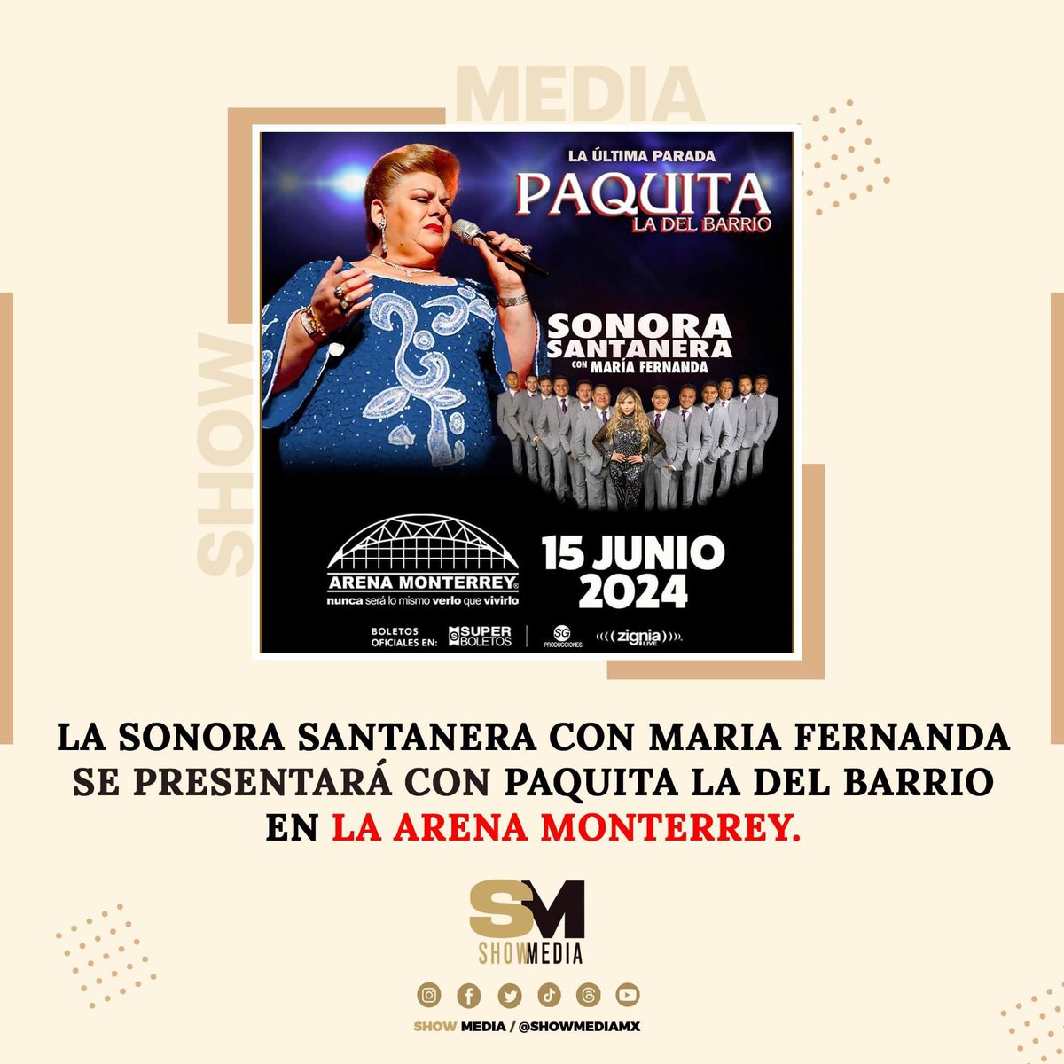 La @s_santanera con @Mariferg6 se presentará el 15 de junio con @paquitaoficialb en la @ArenaMtyOficial con el Tour 'La Última Parada'

#ShowMedia #SonoraSantanera #mariferalvo #PaquitaLaDelBarrio #ArenaMonterrey #RelacionesPublicas #LaUltimaParada