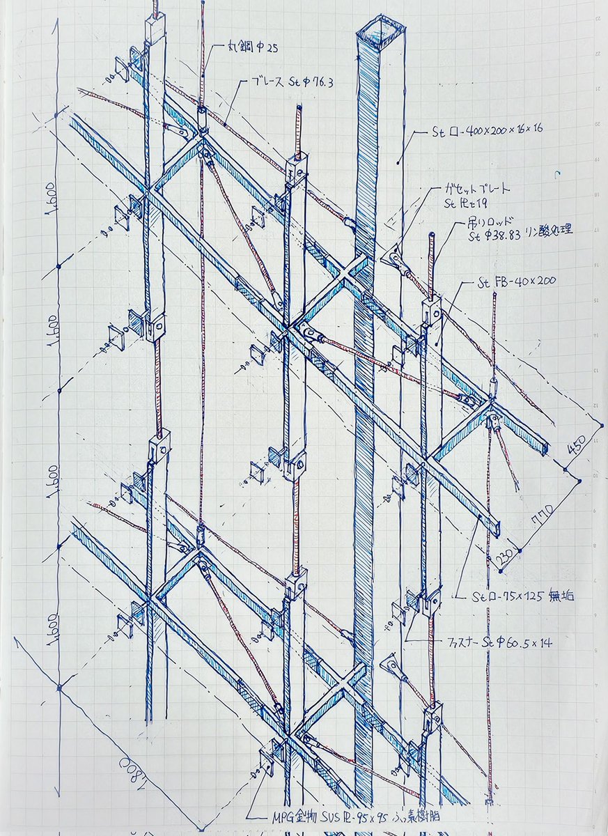 渋谷フクラスの超絶技巧系カーテンウォールが凄過ぎたので描いた。こんなんどうやったら思い付くんや.…
