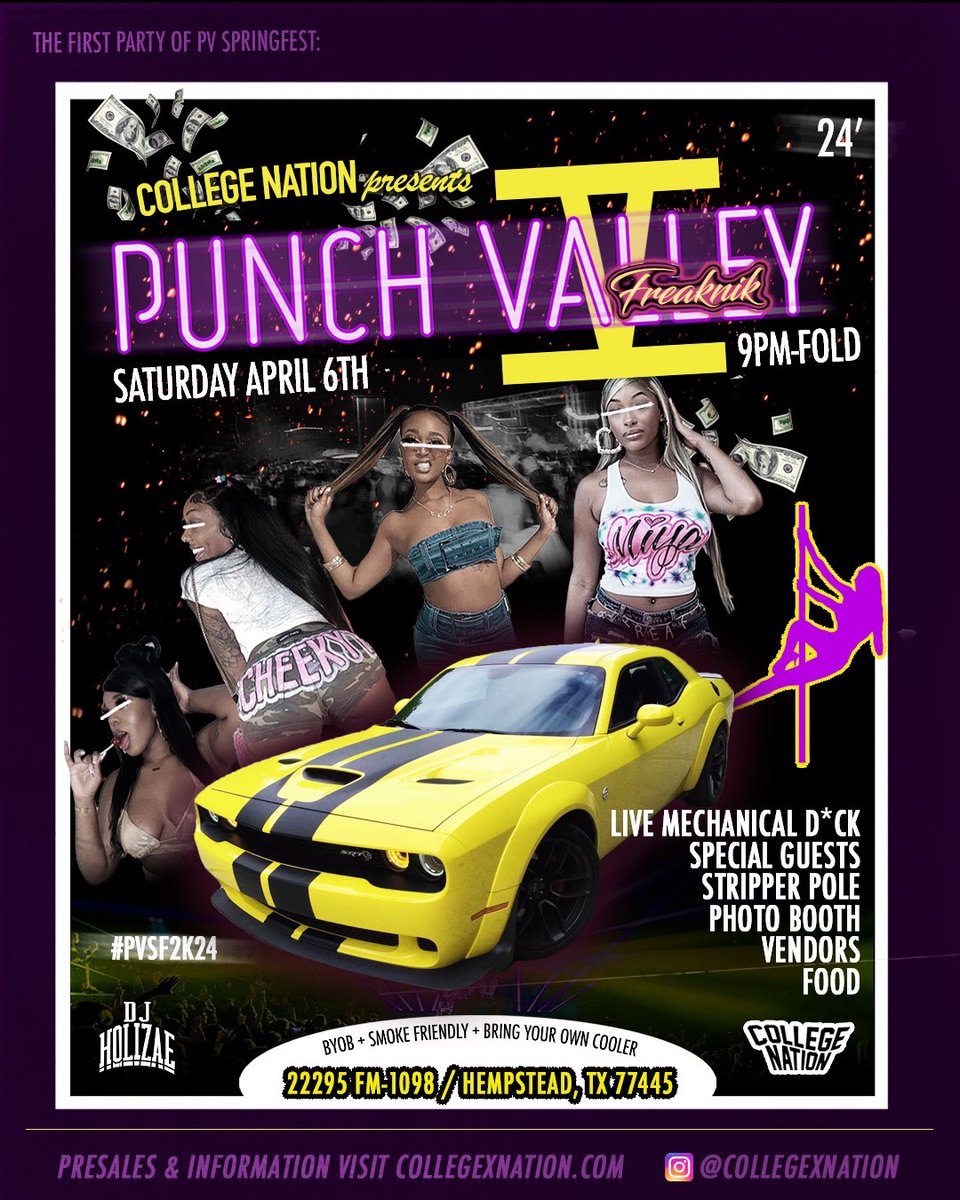 DjHolizae's tweet photo. #PunchValley5 PV Springfest Kickoff 😮‍💨

Yo, #PVAMU you dont want to miss out on Punch Valley: Freaknik.. tickets on sale online at https://t.co/msPL2N8RQ9

🥤 unlimited punch for ladies
👕 theme strongly encouraged
🎟️ get tickets ASAP, price going 🆙 

💃 THE stripper pole party! https://t.co/ZQf0VxjGuq