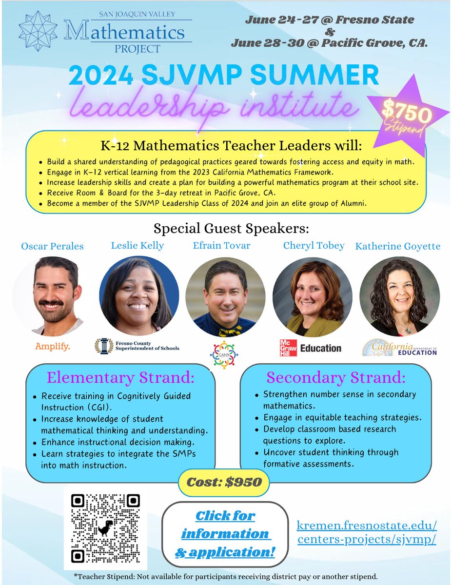 Attention K-12 teachers! Join the San Joaquin Valley Mathematics Project's Class of 2024 and experience a powerful week-long Summer Leadership Institute on June 24-30 at <a href="/Fresno_State/">Fresno State</a> and <a href="/AsilomarSB/">Asilomar State Beach</a>! Powerful speakers, great camaraderie, and a $750 stipend!  Space is limited, so