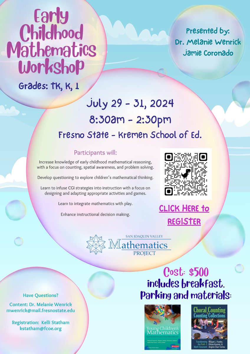 Only a few seats remain for SJVMP's Early Childhood Mathematics Workshop at <a href="/FresnoKremenEdu/">Kremen School of Education and Human Development</a> -- Register today!