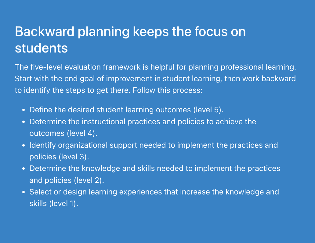 Working on planning professional learning experiences that translate to measurable improvements for students? Click through to find strategies that'll help you evaluate the impact of PL, via @LearningForward. ⤵️ learningforward.org/journal/evalua…