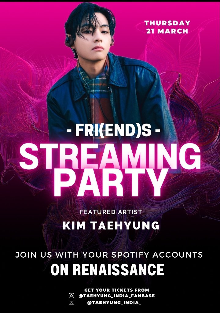 Taehyung India FB  FRI(END)Sˡᵒᶜᵏᵈᵒʷⁿ •◡• on X: [Stream] Everyone show  your love & support for Taehyung's new single FRI(END)S by joining our  REN Streaming Party, starting today March 21st. Join now