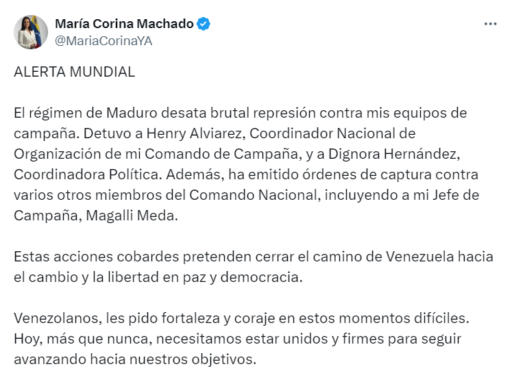patriciajaniot's tweet photo. El régimen de Nicolás Maduro tiene tanto miedo que, además de bloquear la participación de la candidata @MariaCorinaYa, ha emprendido una cacería contra las personas que integran su equipo de campaña. Una de ellas es Magally Meda, contra quien hay una orden de captura. Meda es mano derecha de Machado en temas políticos y sonaba como una alternativa de la alianza opositora para sustituir a Machado en las elecciones de julio. El régimen lleva meses reprimiendo y atacando. Tiene miedo. Por eso desarticula a su oponente con opresión. ¿Qué harán los venezolanos ante este terrible panorama? ¿Qué hará la comunidad internacional ante estos abusos continuados? ¿Dejarán que Maduro arrebate, otra vez, la posibilidad de un cambio para #Venezuela?
https://t.co/IPLlu8A1Uz