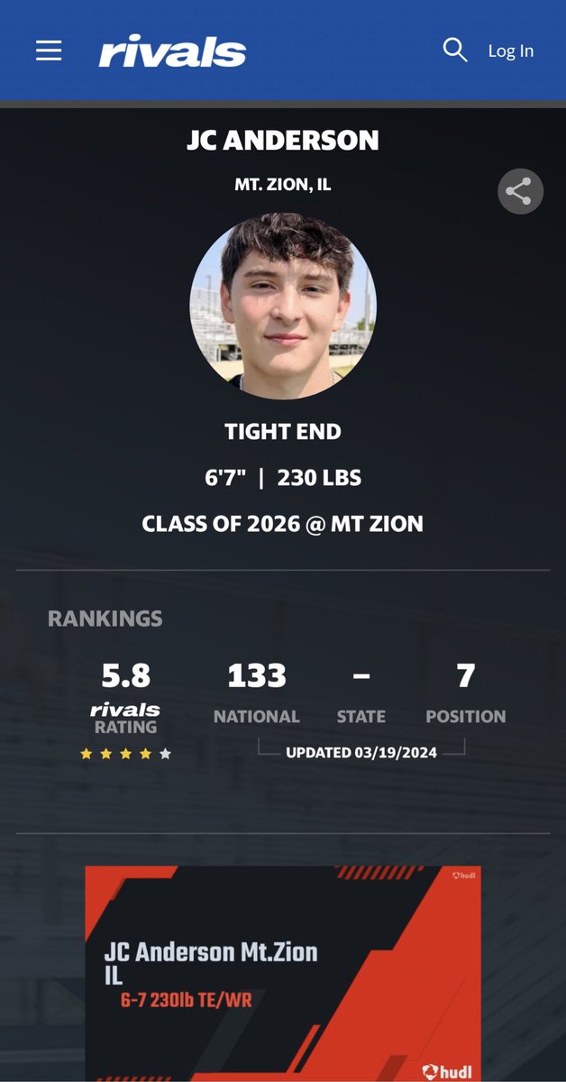 Honored to be ranked as a 4 ⭐️ and the 7th TE in the country. Thank you @Rivals!