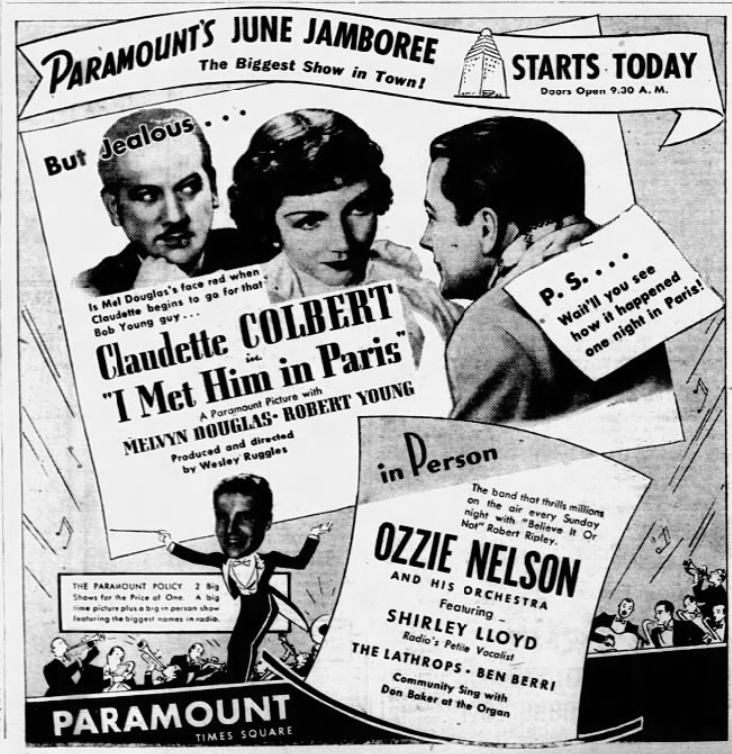 NY TV debut 4/12/64 at 11:15 pm on WCBS' 'The Late Show.'' Wesley Ruggles' rom-com, second teaming of Colbert and Douglas, bowed 6/2/37 in Times Square.