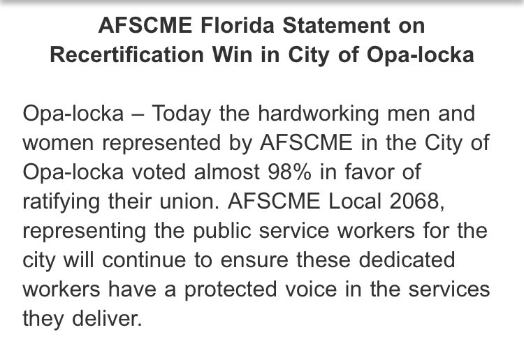 Another FL union that reported less than 60% membership this year has survived, with workers voting to keep their union alive for at least the next year, per @AFSCMEFL.

Under state law, 60% membership density is now the floor for most public sector unions to remain certified.