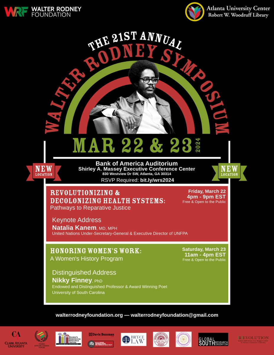 Friends and comrades, please join us for the 21st Annual Walter Rodney Symposium this weekend, March 22 + 23. We have an amazing lineup of speakers, keynotes, performances + panels, and powerful discussions on decolonizing healthcare, honoring Dr. Patricia Rodney, and much more!