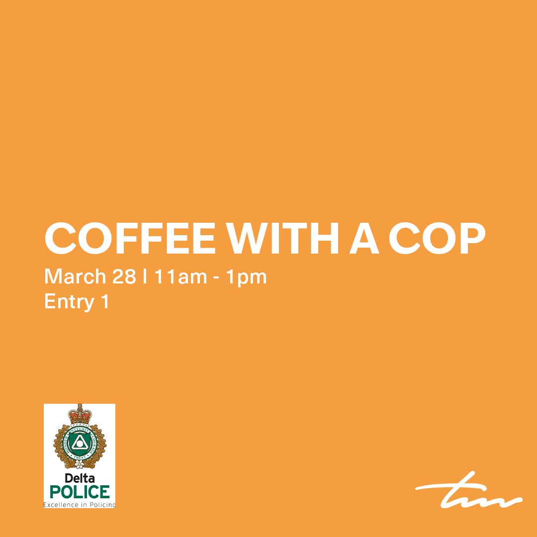 Connecting over caffeine ☕️👮 Join us for Coffee with a Cop at Tsawwassen Mills! Engage with your local officers while sipping on your favorite brew and building a safer community together.