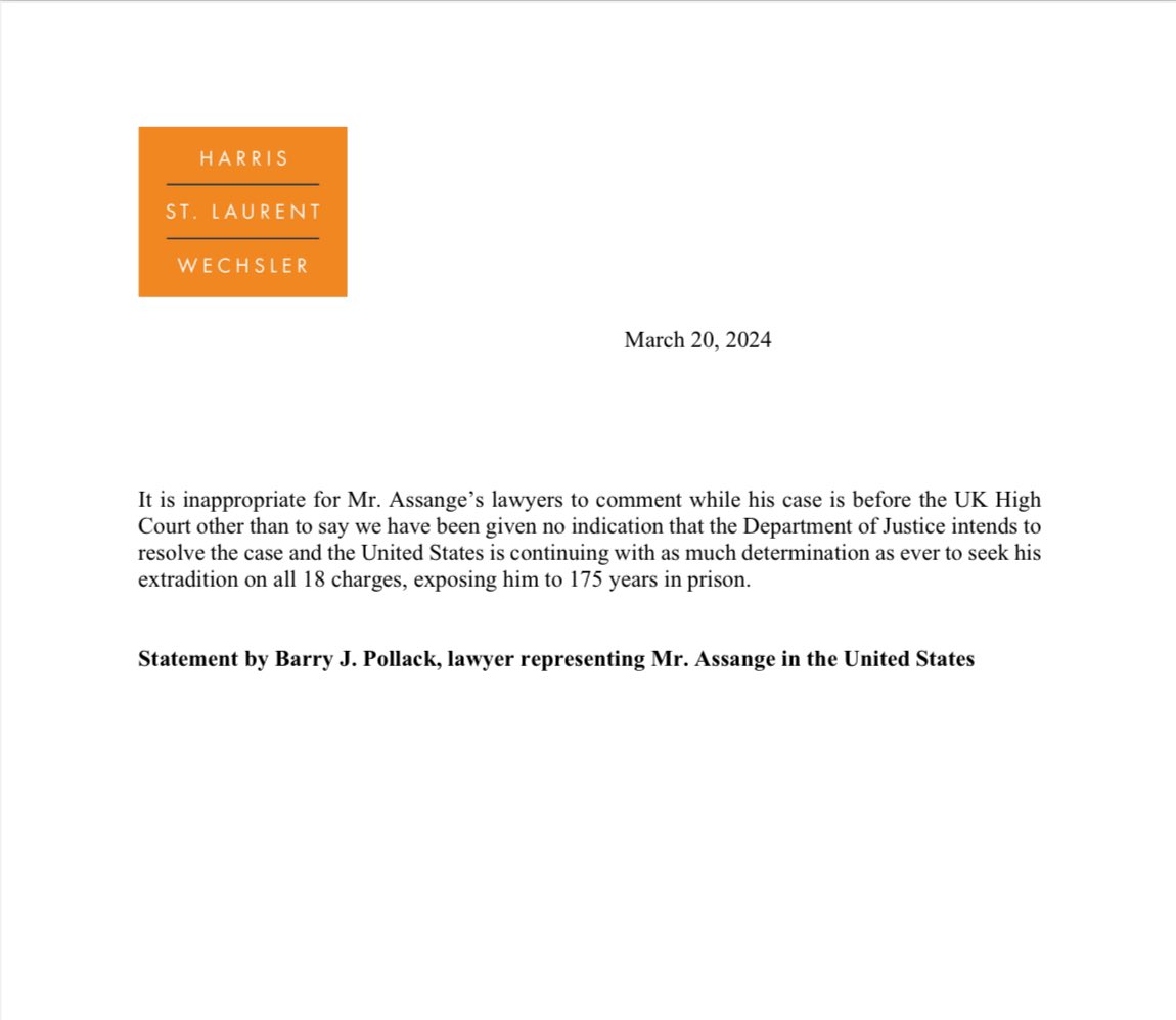 Concerning today’s WSJ article—Statement by Barry J. Pollack, lawyer representing Mr. Assange in the United States: 'It is inappropriate for Mr. Assange’s lawyers to comment while his case is before the UK High Court other than to say we have been given no indication that the