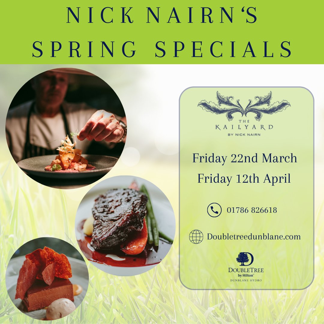 This Friday @Nicknairn is in the Kailyard restaurant by Nick Nairn with his spring favourite's menu 🌱 This is a brilliant opportunity to meet Nick and to try his delicious spring specials! Book your table here hil.tn/g3majd ☎️ 01786 826 618 #Nicknairn #springmenu