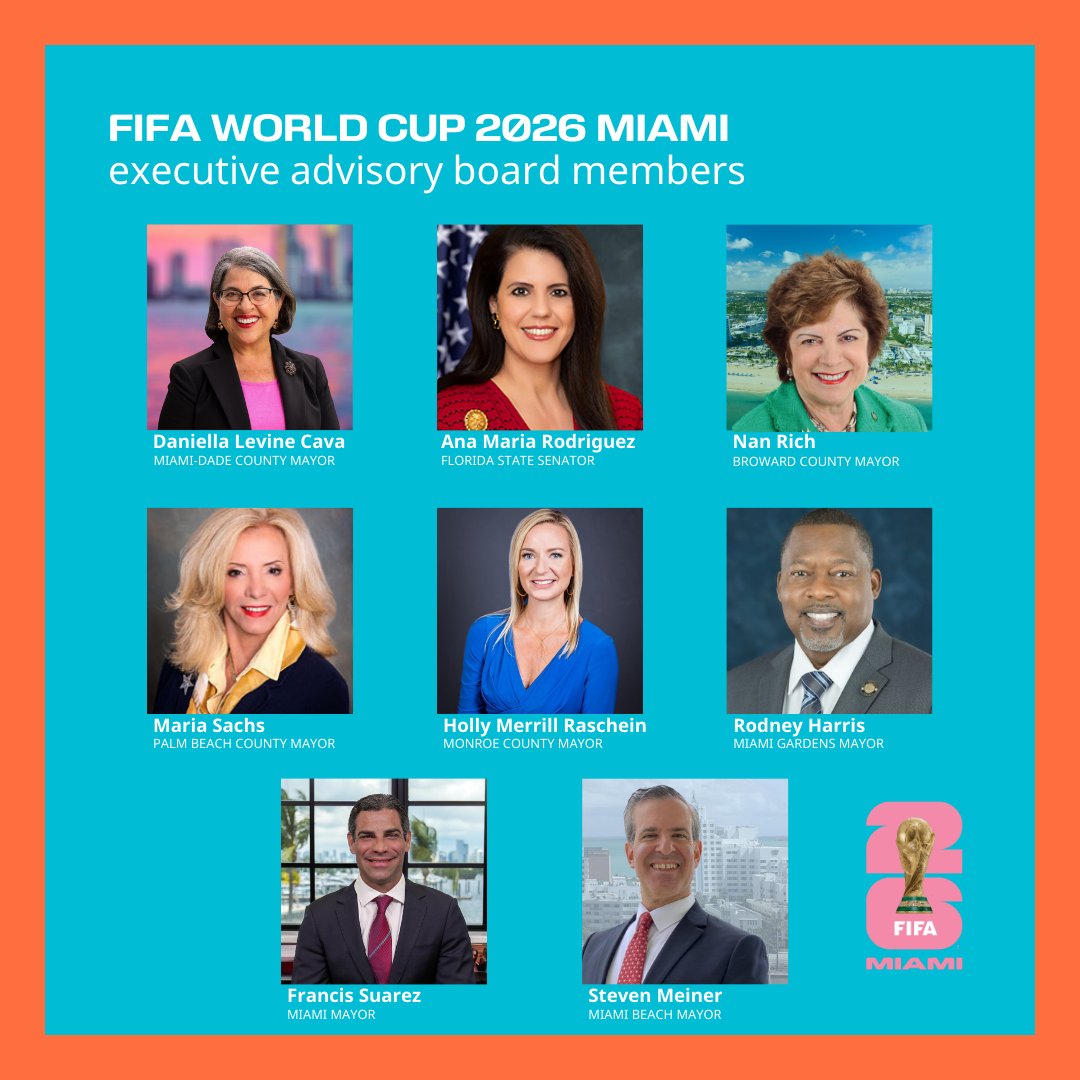 Thrilled to have this distinguished group of leaders usher in the next era of #FWC26Miami as our executive advisory board. @MayorDaniella, @SenatorAMR, Mayor Nan Rich, Mayor Maria Sachs, @HollyRaschein, @MayorRHarris, @FrancisSuarez, @StevenMeiner miamifwc26.com/press/