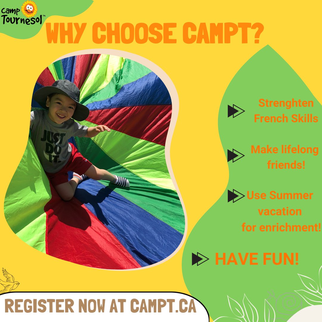 Why choose Camp T? Our immersive French environment boosts confidence and language skills in a natural way! 

💪Strengthen their French language skills
👭👬Make lifelong friends with similar interests
campt.ca

#WhyCampT #CampTournesol