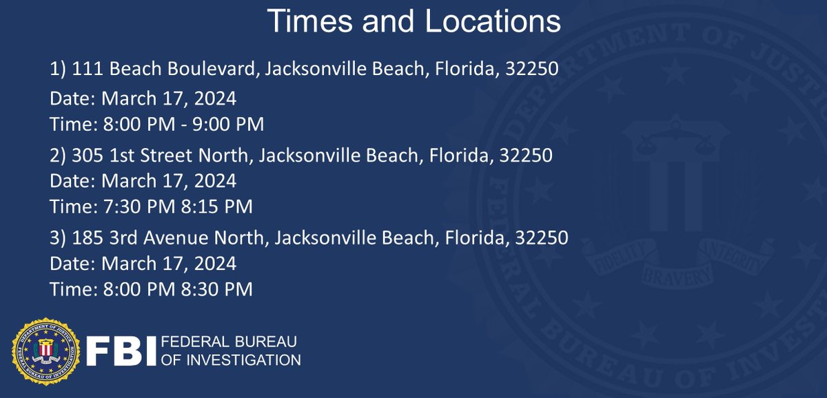 #FBI Jacksonville is assisting the Jacksonville Beach PD with the investigations into the three shootings that occurred on March 17, 2024. The #FBI is asking anyone with videos or photos from the locations &amp; times below to submit them here: fbi.gov/jaxbeach-shoot…