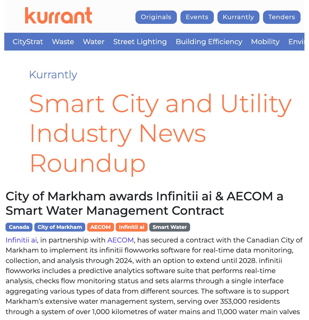 Today's #SmartCity and #Utility Industry #News Roundup from <a href="/KurrantI/">Kurrant</a> profiles <a href="/infinitiiai/">infinitii ai</a>'s win at @CityofMarkham with <a href="/AECOM/">AECOM</a>. kurrant.com/kurrantly/smar…

$IAI.cn $CDTAF $7C5 #CSE #OTC #FSE #AI #ML #Water #Infrastructure #artificialintelligence #machinelearning