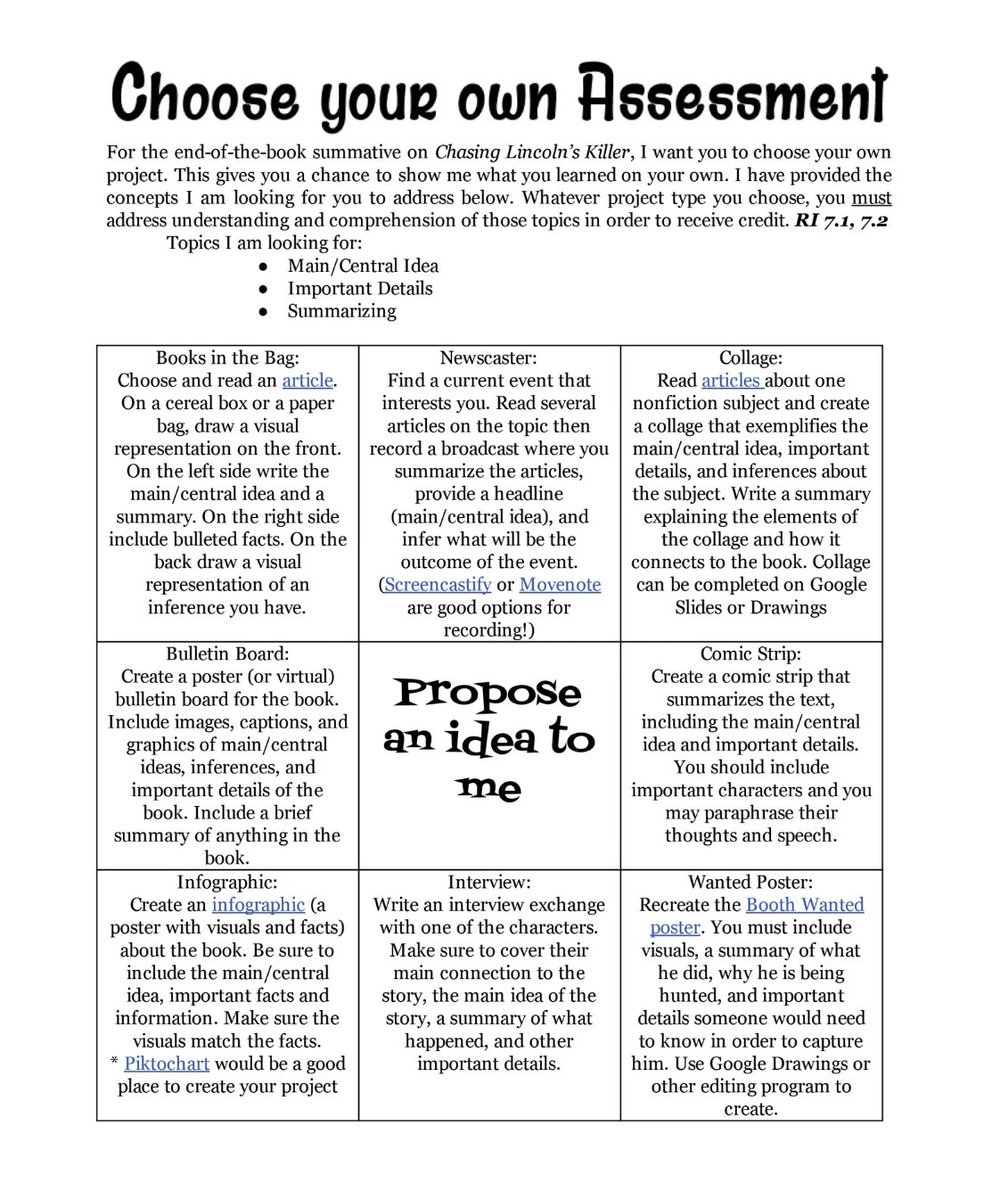 Choose your own assessment CHOICE BOARD 👇👇

sbee.link/dkbpjmnrag  via <a href="/edutopia/">edutopia</a> + Kathryn Nieves
#teaching #k12