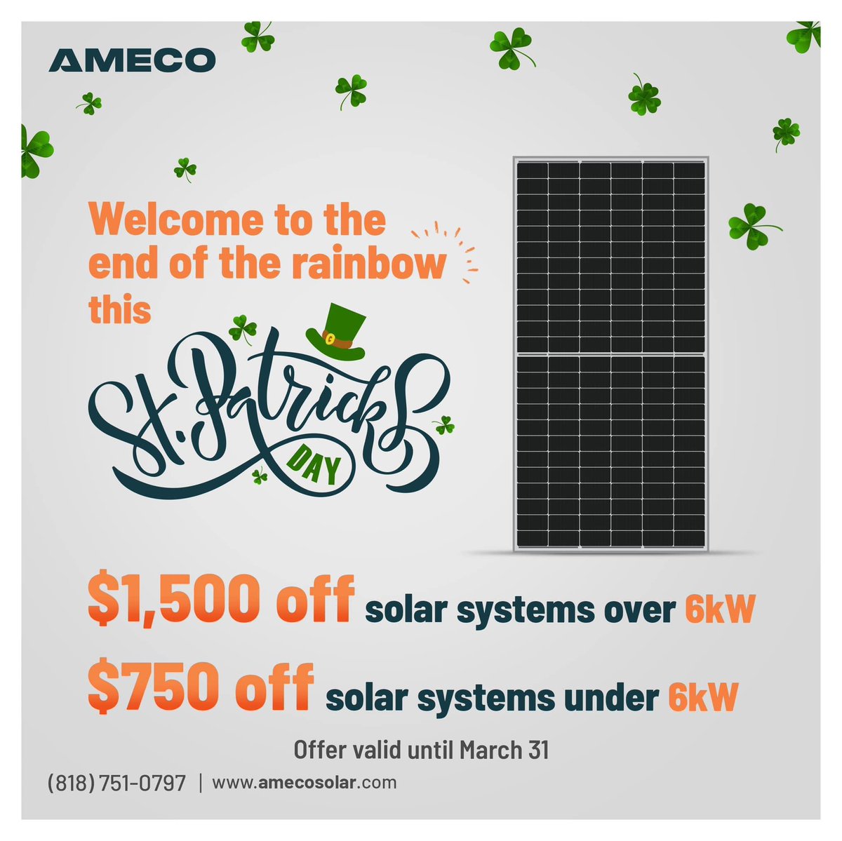 AmecoSolar's tweet image. ✨Unlock your ‘Pot of Gold’ with up to $1,500 discount on solar systems. Offer valid until March 31st. 

#amecosolar #solarsales #solarpanelsystem #stpatricksdaysale #solarexpert