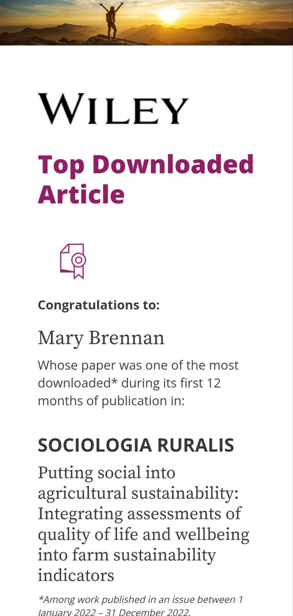 Delighted to see our paper on assessing #farmer wellbeing and quality of life was one of the most downloaded articles from @SoRuralis in 2023! 🤩 @thia_hennessy @meredith_tegasc @dillonemj @teagasc #socialsustainability #wellbeing #farmer #rural