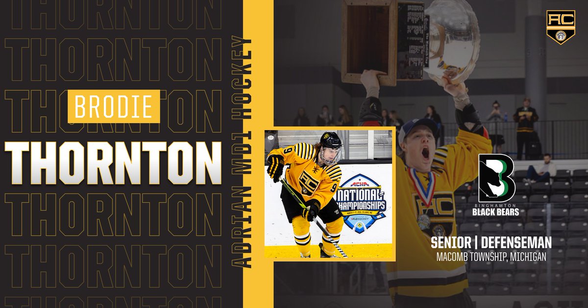 Brodie Thornton of the @AdrianMD1Hockey team inked a professional contract with the Binghamton Black Bears of the FPHL on Wednesday. 📰 -- tinyurl.com/22f6z3ez #ACHA #GDTBAB