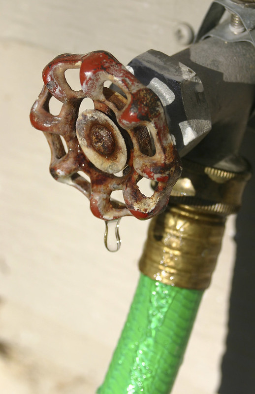 Check garden hose connections at the spigot for leaks. If you see drips, or if it drips while running the hose, replace the hose washer. Ensure a tight connection by using plumbing tape & a wrench. A leak could waste > 2,000 gallons water/month! #FixALeak