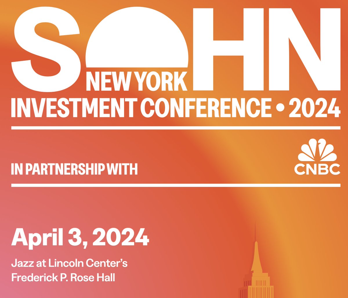 2 wks from today pls come to @SohnConf with @CNBC - April 3rd at Jazz at Lincoln Center (& pls retweet this for amplification)! We have an incredible line up - AI w/ @danielgross + Magic AI @EricSteinb & @adamdangelo, Elliot's @jessecohn4, Greenlight's @davidein, Ribbit's…