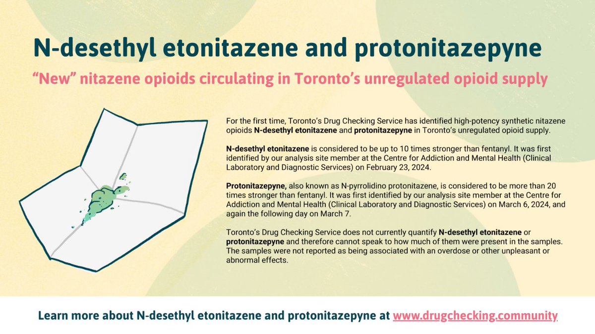 drugcheckingTO's tweet photo. We've identified two "new" nitazene opioids in Toronto’s unregulated opioid supply: N-desethyl etonitazene and protonitazepyne. Use the link in bio to visit our website and learn more. #DrugCheckingTO https://t.co/58pETmQbLk