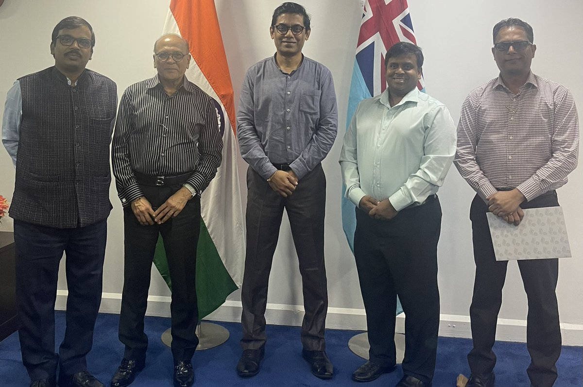 A pleasure to receive Fiji’s top business leader and CEO of Energy Fiji Limited Sh. Hasmukh Patel, an @iccr_hq & @iitmadras alumni. Discussions focused on Indian education system, future expansion plans of EFL and our capacity building assistance. @HCI_Suva @iccr_suva 🇮🇳🤝🇫🇯