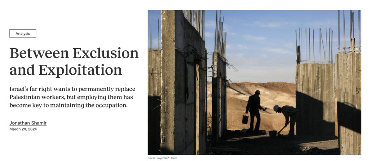 After revoking almost all Palestinian workers' permits, Israel secretly rehired some of them to repair the Gaza fence, continuing its long oscillation on whether exclusion or exploitation is more beneficial to its occupation. @jonathan_shamir explains: jewishcurrents.org/palestinian-wo…