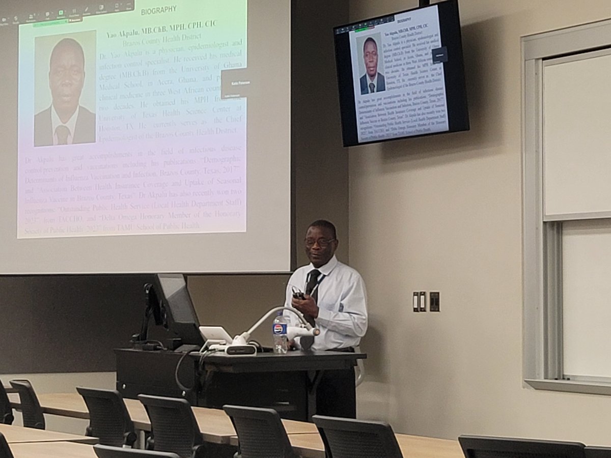 Brazos County Health District's own Dr. Yao Akpalu speaking to students at TAMU, sharing his epidemiology knowledge with School of Public Health scholars!