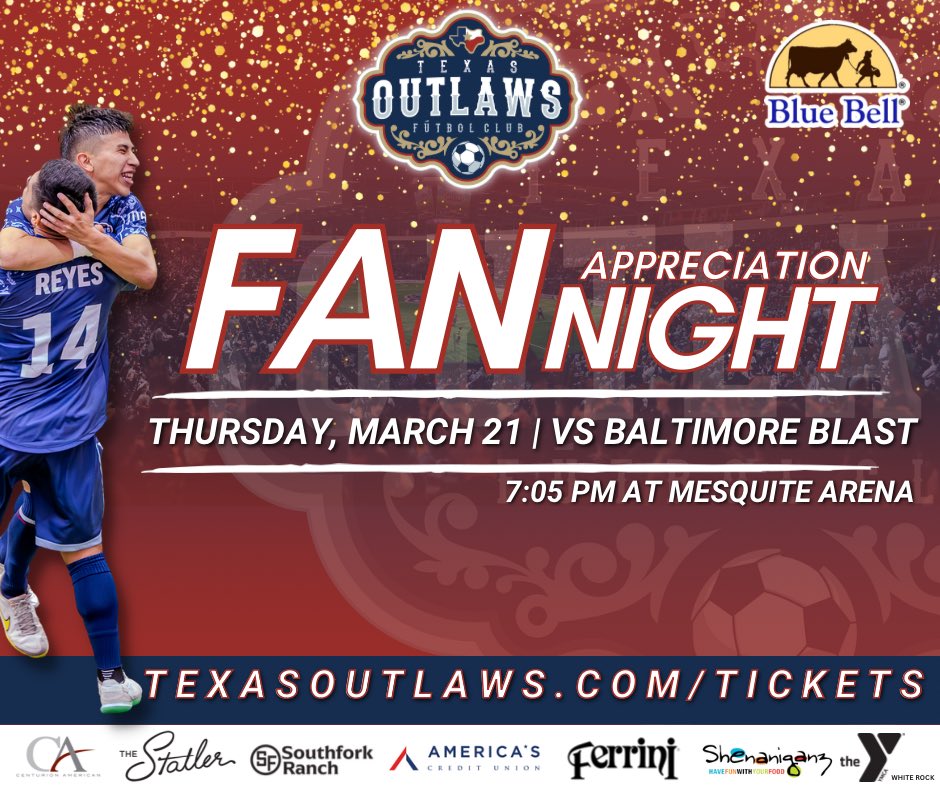 TexasOutlawsFC's tweet photo. 🚨 GAME TOMORROW🚨

🆚: @BaltimoreBlast 
🗓️: March 21, 2024
⏰: 7:05 pm CT
🏟️: Mesquite Arena

➡️ There will be $2 hotdogs and free Blue Bell Ice Cream for kids! 🌭🍦

🎟️: https://t.co/rA2PskFOrB

#WeAreTexas #TexasOutlaws #MASL #soccer #futbol @MASLarena @Wallascora @ShenaniganzFUN @Americas_CU @ProtagonistUSA @cityofmesquite @VisitMesquiteTX