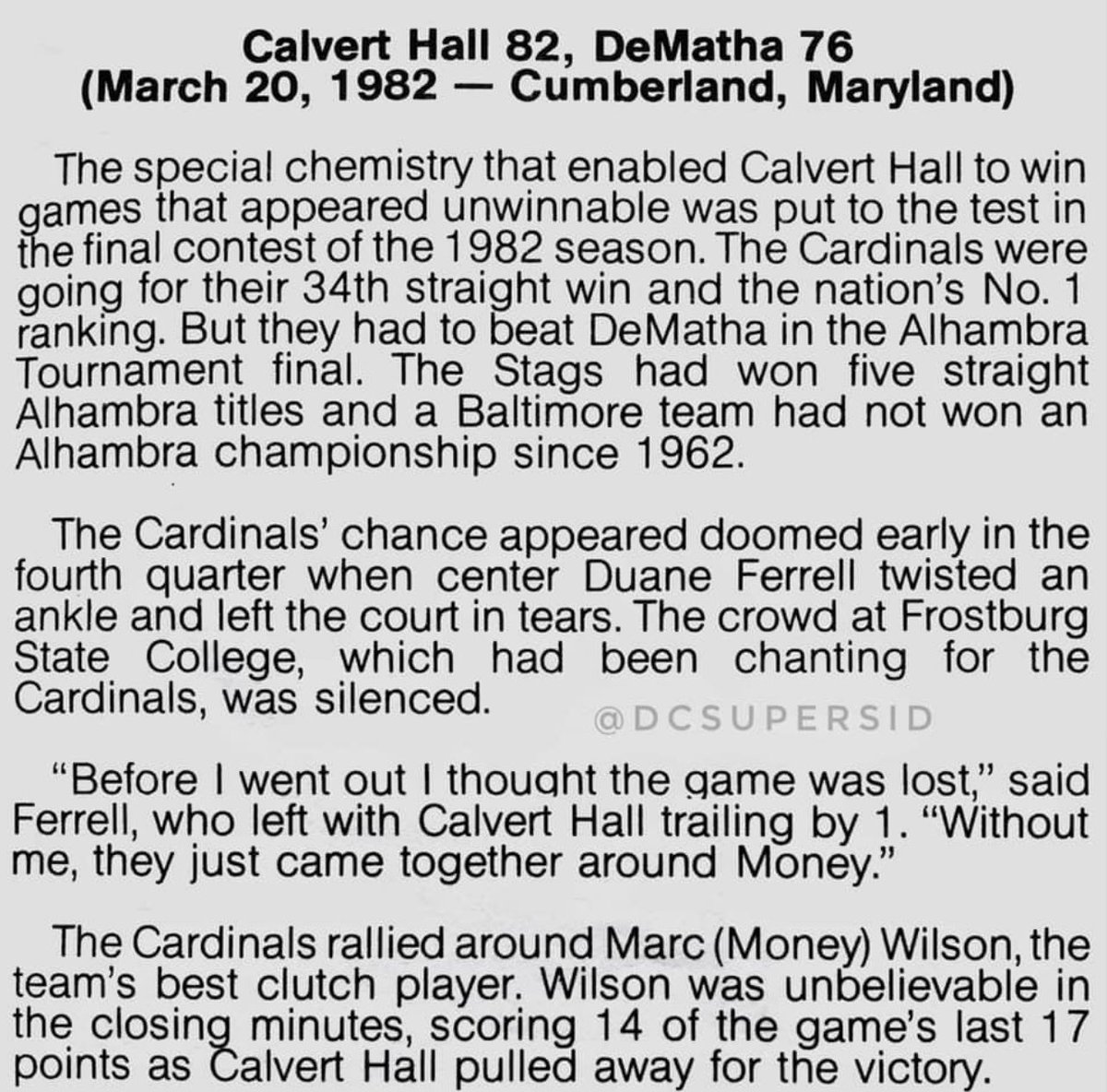 03/20/82 The High School 🏀 National Championship was decided at <a href="/FrostburgState/">Frostburg State University</a> #TBT <a href="/calverthall/">Calvert Hall College</a> <a href="/bclbasketball/">Baltimore Catholic League Basketball</a> <a href="/DeMathaHoops/">DeMatha Basketball</a> <a href="/MikeBurkeMDT/">Mike Burke</a> <a href="/GEaganPXP/">WCBC - Garrett Eagan</a> <a href="/DarkniteNoles/">dark nite</a>