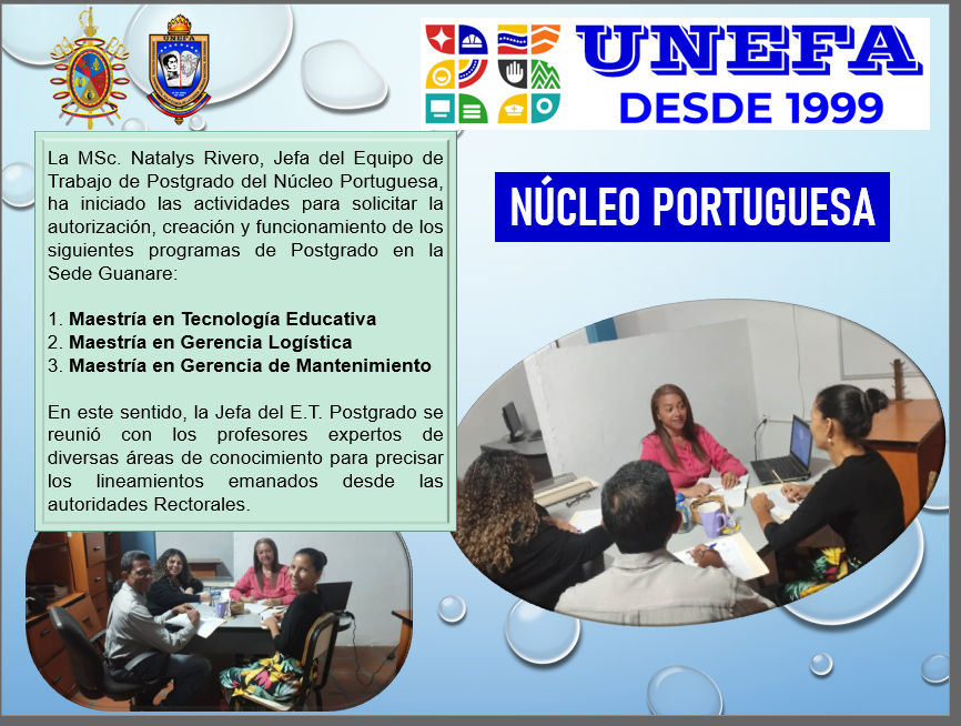 Unefa_Portugues's tweet photo. Siguiendo lineamientos del M/G @R_nicodemo, Rector de la UNEFA, en conjunto con Vicerrectorado Región Los Llanos, MSc. Natalys Rivero, Jefa del ET de Postgrado #NúcleoPortuguesa, inició actividades para solicitar creación de programas de Postgrado en la Sede Guanare. https://t.co/rNMXLRIROy