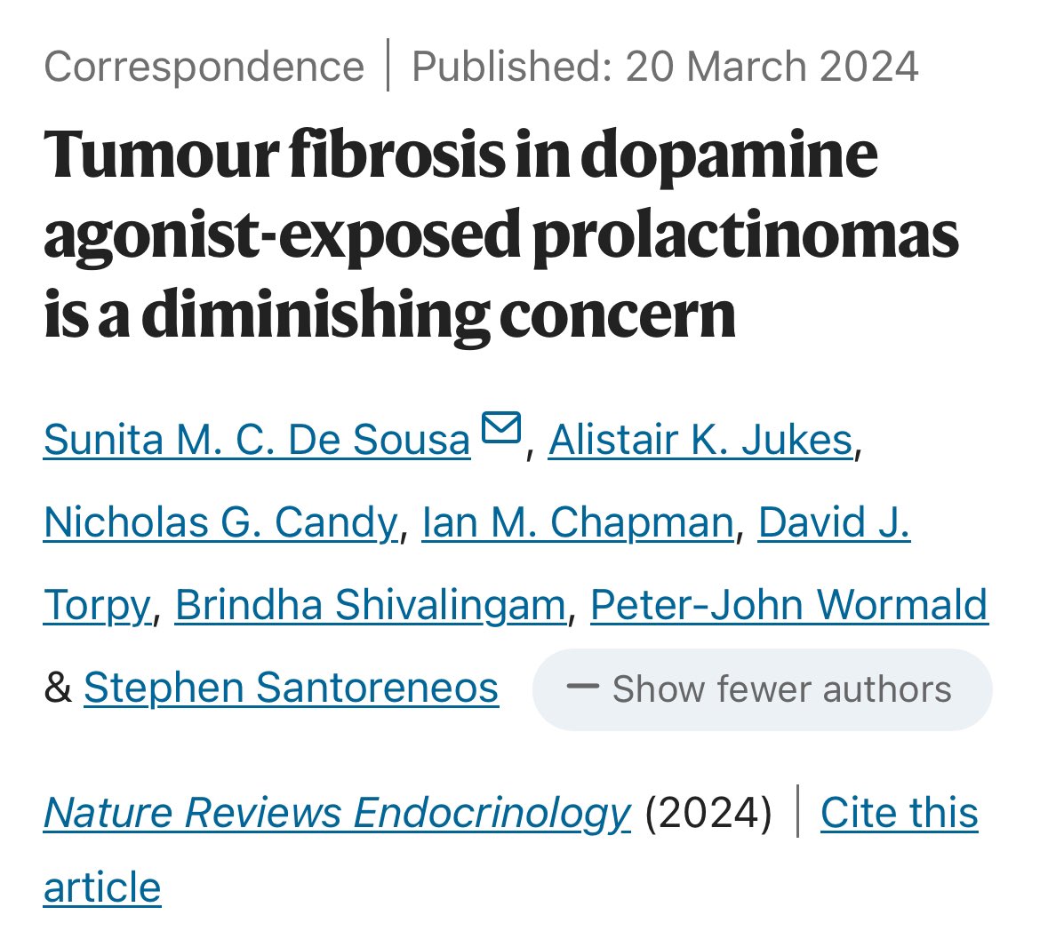 DrNickCandy's tweet image. Letter to the editor in response to the International Consensus Statement by the Pituitary Society on diagnosis and management of prolactinomas.
Tumour fibrosis in dopamine agonist-exposed prolactinomas is a diminishing concern
doi.org/10.1038/s41574…