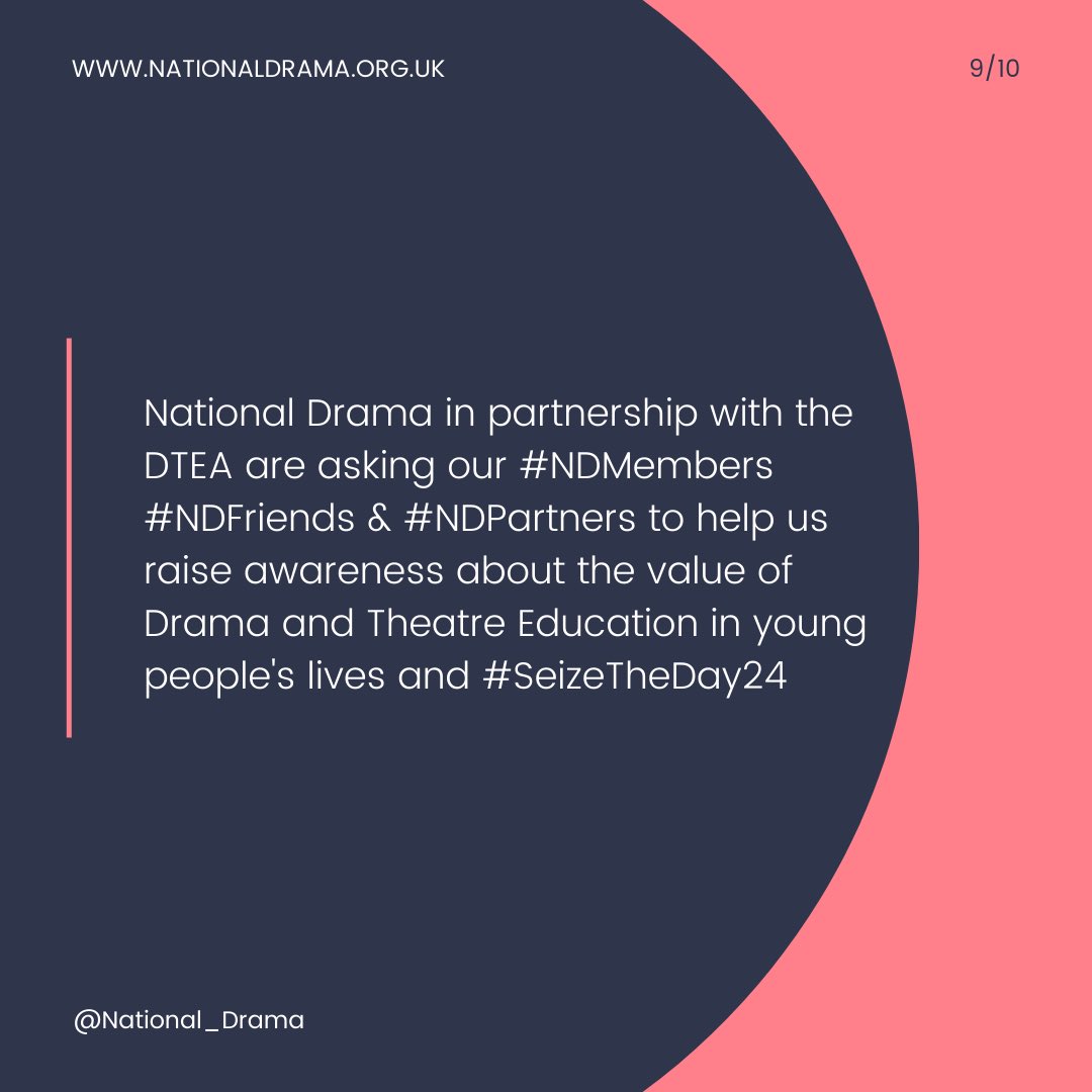 National Drama (@national_drama) on Twitter photo Day 1 of the 2024 #SeizeTheDay24 campaign. National Drama, in partnership with the <a href="/DTEAlliance/">Drama & Theatre Education Alliance</a> are asking our #NDMembers #NDFriends & #NDPartners to help us raise awareness about the value of Drama and Theatre Education in young people's lives 20th-27th March 2023 Day 1 of the 2024 #SeizeTheDay24 campaign. National Drama, in partnership with the <a href="/DTEAlliance/">Drama & Theatre Education Alliance</a> are asking our #NDMembers #NDFriends & #NDPartners to help us raise awareness about the value of Drama and Theatre Education in young people's lives 20th-27th March 2023